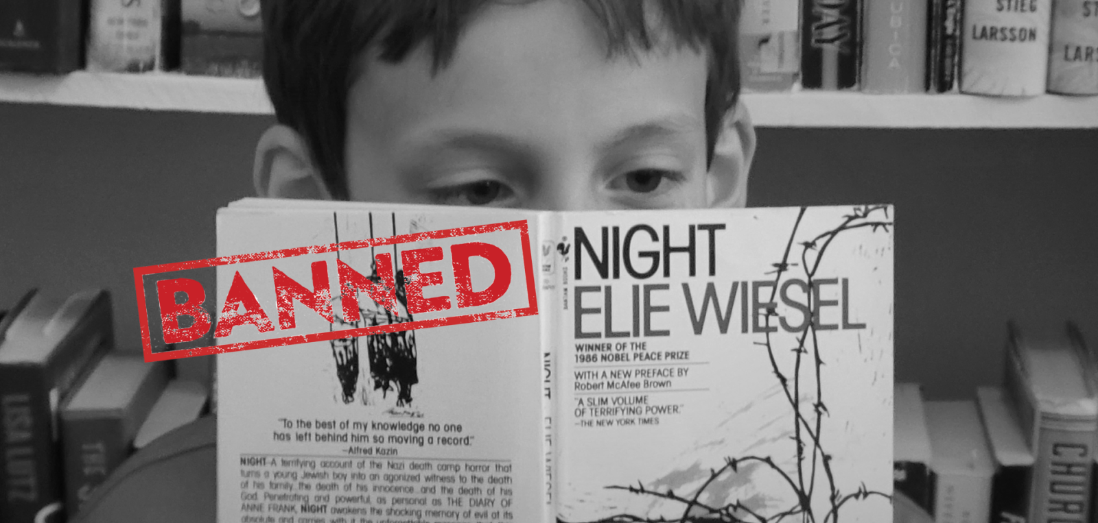 Boy reading Elie Wiesels Night with a red stamp reading Banned